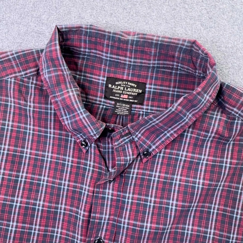VTG Ralph Lauren Polo Jeans Co Button Down Shirt Mens 3XT Red Blue Plaid SS Flag